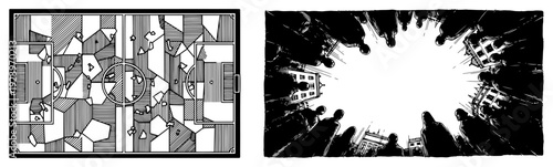 Abstract soccer pitch diagram and creative perspective of stadium supporters