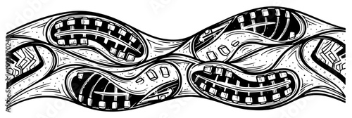 Abstract artistic pattern of wavy stadium stands with crowd silhouettes in engraving style