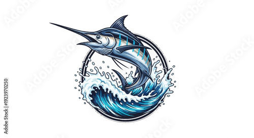 Majestic Marlin Leaping from Ocean Waves in Artistic Illustration.