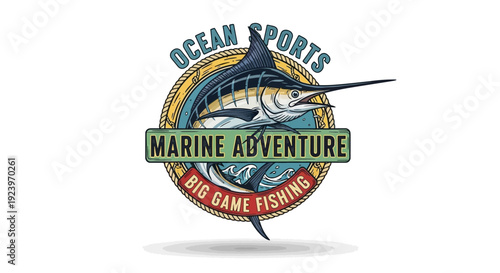 Ocean Sports Marine Adventure Big Game Fishing Logo Depicting Marlin Fish.