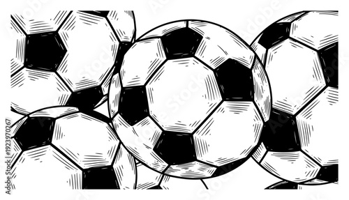 Close up hand drawn illustration of multiple classic soccer balls