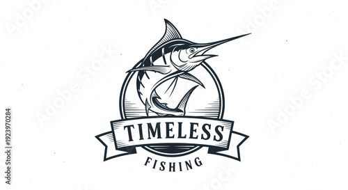 Elegant Timeless Fishing Logo Depicting a Marlin Jumping Out of Water.
