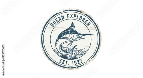 Ocean Explorer emblem featuring a marlin fish established in 1923 vintage design.