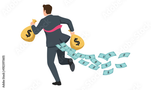 Businessman Running with Money Bags and Falling Dollar Bills