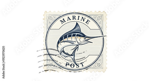 Vintage marine post stamp featuring a marlin fish a symbol of the ocean.