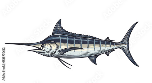 Striking illustration of a majestic marlin fish swimming gracefully in the ocean depths.