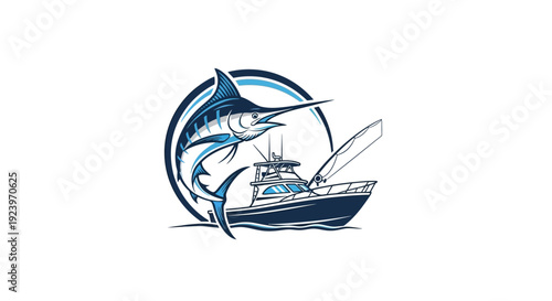 Spectacular fishing boat logo featuring a marlin leaping from the ocean waves.
