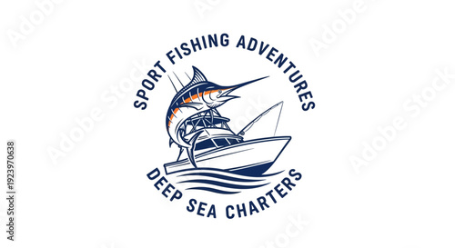 Sport Fishing Adventures Deep Sea Charters Logo Depicting Marlin and Boat.