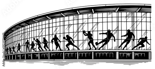 Modern stadium building facade with silhouettes of soccer players in action