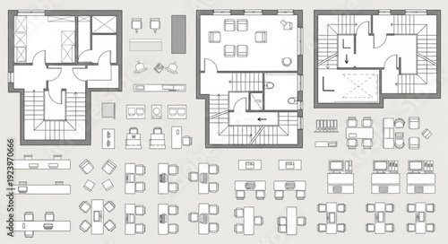 Architectural blueprints showcasing detailed floor plans and design layouts for various structures and spaces.