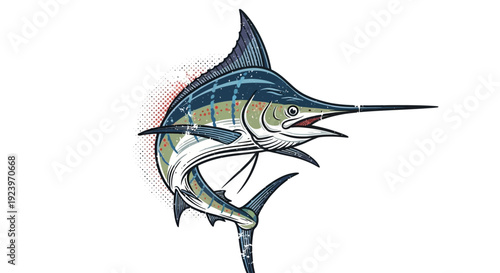 Striking illustration of a majestic marlin fish in dynamic motion ready to strike.