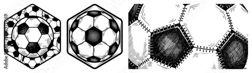 Set of soccer ball textures and hexagonal icons with detailed stitching