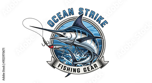 Ocean Strike Fishing Gear Logo Depicting a Marlin Fish and Fishing Hook.