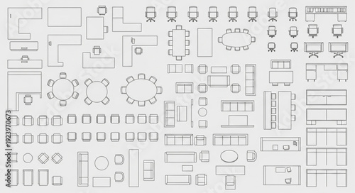 Architectural floor plan with various furniture layouts and design elements for interior spaces.