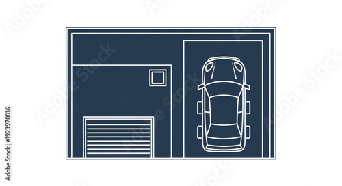 Top-down view of a car parked in a garage with a roller door and a square object.