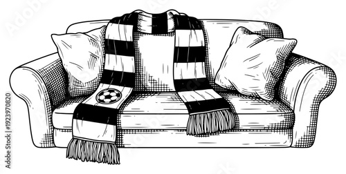Hand drawn sketch of a comfortable sofa with a football fan scarf at home