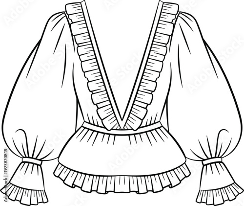 Line of a women's blouse with deep V-neck, ruffled trim, and voluminous bishop sleeves clothing garment