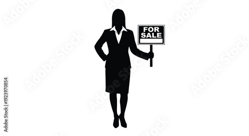 Businesswoman holding a for sale sign a striking silhouette