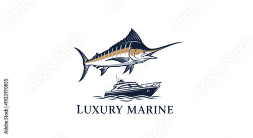 Elegant logo featuring a marlin fish above a luxury yacht marine concept.