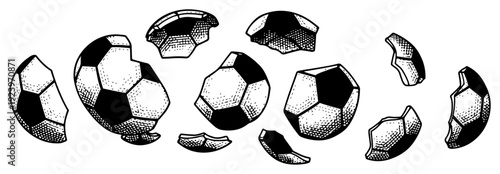 Abstract collection of broken and shattered soccer ball pieces in hand drawn sketch style