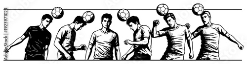 Horizontal set of soccer players heading the ball in different action poses