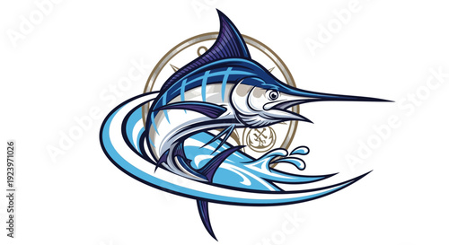 Striking illustration of a marlin leaping from the ocean waves with dynamic energy.