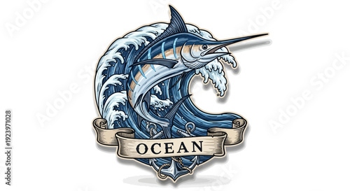Ocean emblem featuring a marlin leaping from a cresting wave nautical design.