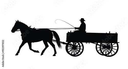 A horse and carriage travel along depicted in black silhouette