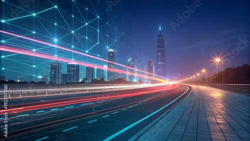 Panoramic abstract technology background with fast light trails and digital grid. Represents high-speed networks and futuristic motion. Great for tech startups or events. 
