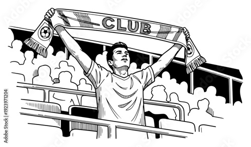 Sketch of a football supporter holding a club scarf high in the stadium