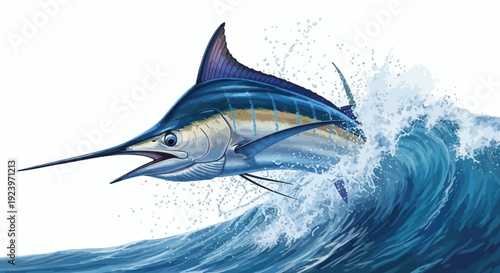 Majestic Blue Marlin Leaping from Ocean Waves with Powerful Force and Grace.