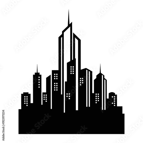 A black silhouette of a city skyline with tall buildings