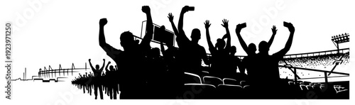 Silhouette of stadium crowd with hands raised celebrating a sports victory