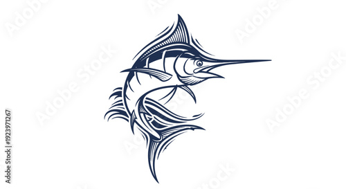 Striking illustration of a swordfish leaping through the ocean waves with dynamic energy.