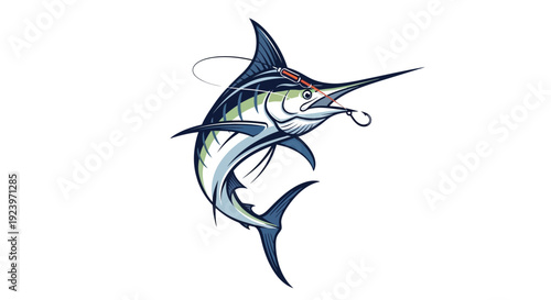 Striking illustration of a marlin fish leaping with fishing hook.