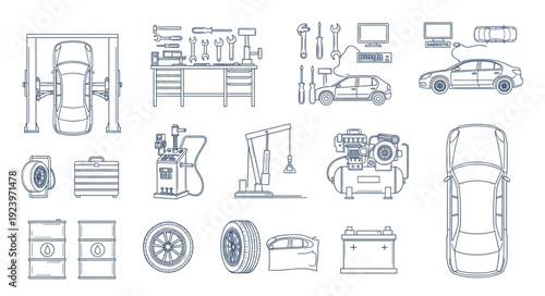 Detailed illustration of various automotive parts and vehicles, top view, side view, and close-ups.