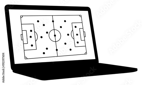 Laptop computer screen displaying a professional soccer field strategy and tactical formations diagram