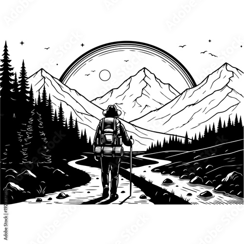 Monochrome line art illustration depicting a solitary hiker's adventurous journey through a majestic mountain landscape, with winding river and celestial body