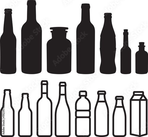 Set of beverage bottles and containers. Vector black silhouette and outline glass, plastic, and milk carton packaging collection.