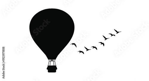 A hot air balloon ascends with birds in a stark silhouette