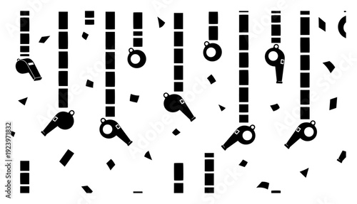 Whistle icons pattern with confetti representing refereeing and sports fair play