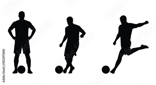 Three soccer players in dynamic poses a striking silhouette