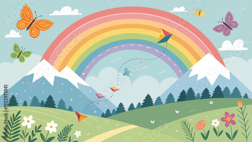 Vibrant rainbow landscape with kites flying over mountains and butterflies