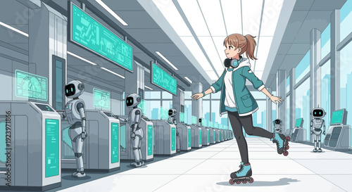 Young woman on roller skates with headphones in a futuristic setting.