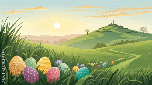 Vibrant Easter eggs in lush green grass with rolling hills