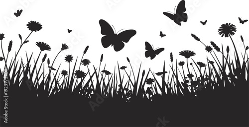 Silhouette of a vibrant meadow scene with numerous butterflies in flight amidst tall grasses and wildflowers, creating a whimsical natural background
