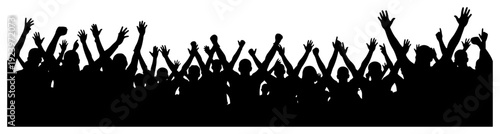 Wide silhouette of a cheering stadium crowd with raised hands during a match