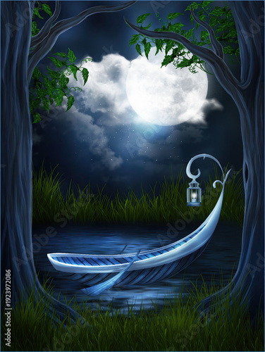 Moonlit Forest Secret Boat Scene, Dreamy Atmosphere Illustration