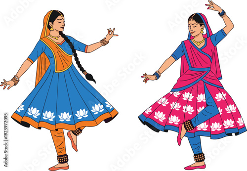 Traditional Indian women performing classical folk dance in colorful ethnic costume vector illustration cultural festival design