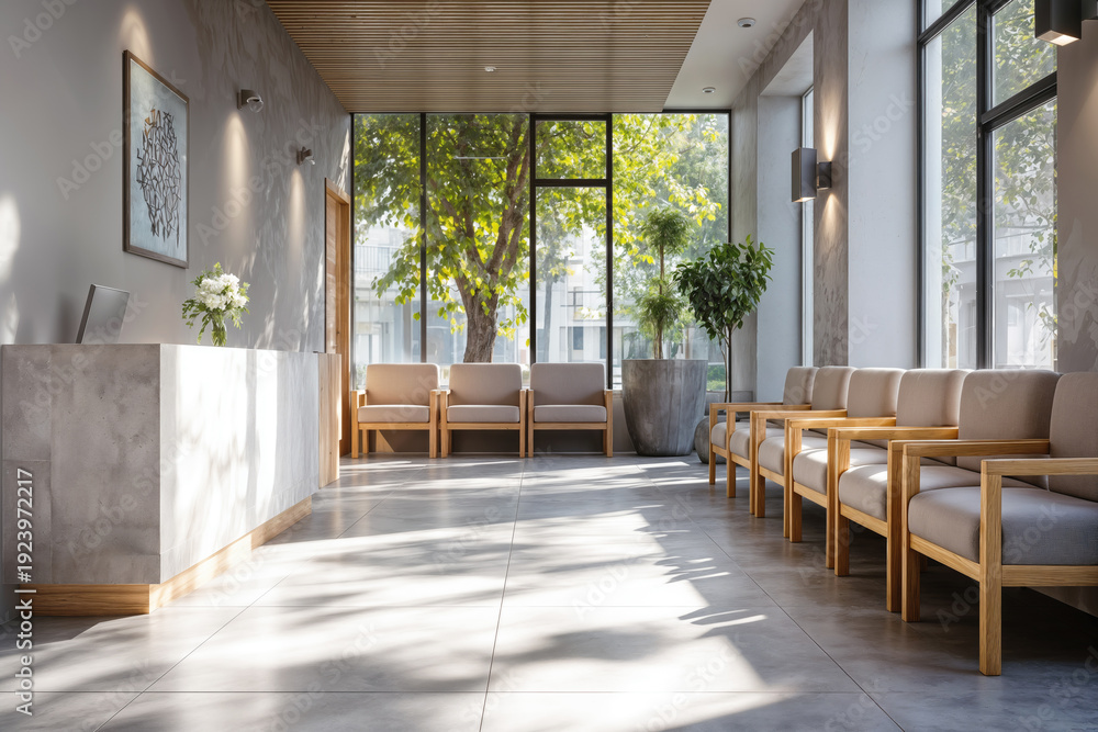 Fototapeta premium Reception Clinic with Comfortable Seating and Natural Light Creating a Calm Atmosphere for